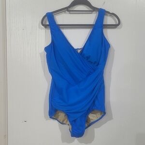 Miraclesuit Womens Must Haves V-Neck Oceanus One Piece Blue Swimsuit Sz 18